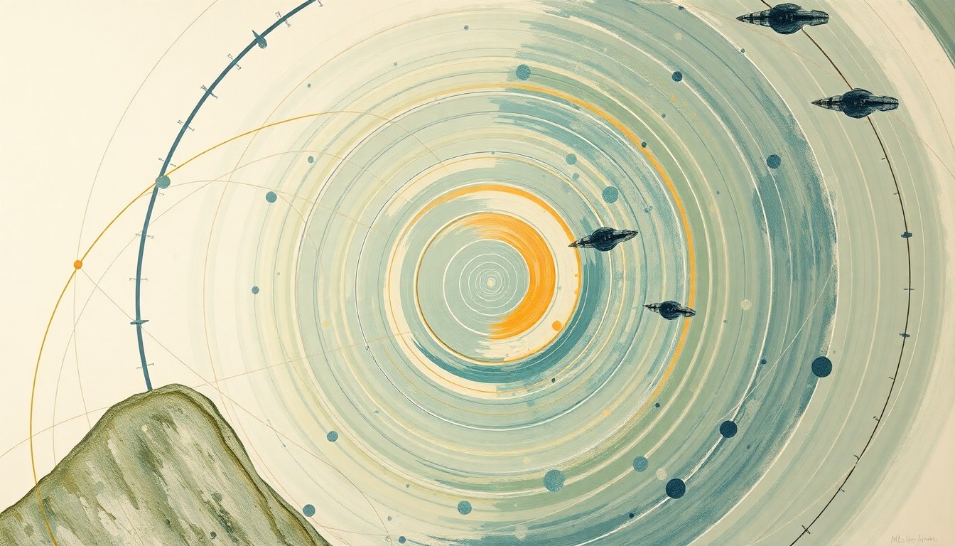 A bold, abstract painting in muted tones of blue, green, and orange, featuring sweeping geometric shapes, concentric circles, and precise spirals that evoke the complex technical details and structural order of the Artemis II recovery mission.