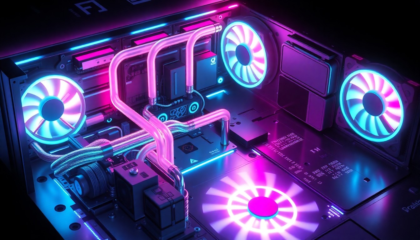 A highly detailed, glowing 3D illustration of the internal cooling system of a laptop, featuring intricate heat pipes, fans, and other components illuminated by neon cyan and magenta lights, conceptually representing the advanced cooling technology powering the Snapdragon X2 Elite Extreme processor.