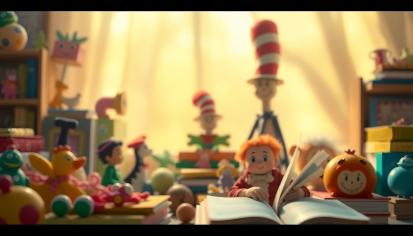 An abstract, out-of-focus scene of colorful children's toys and books in soft, warm lighting, conveying the whimsical and imaginative spirit of the Seussical musical.