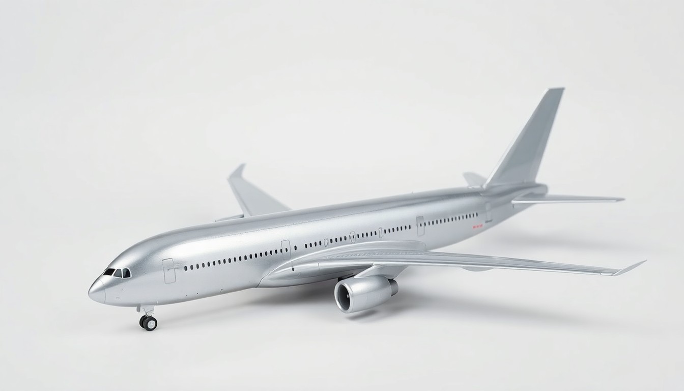 A photorealistic studio still-life image of a sleek, silver model of an Airbus A380 aircraft, its fuselage reflecting soft studio lighting against a clean, monochromatic background, representing the abstract concepts of global aviation and the challenges faced by major airlines.