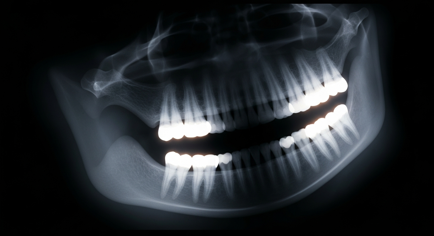A translucent, ghostly X-ray image of a human mouth, with the teeth and dental structures glowing against a dark background, conveying the fragility and importance of dental health for those without access to regular care.
