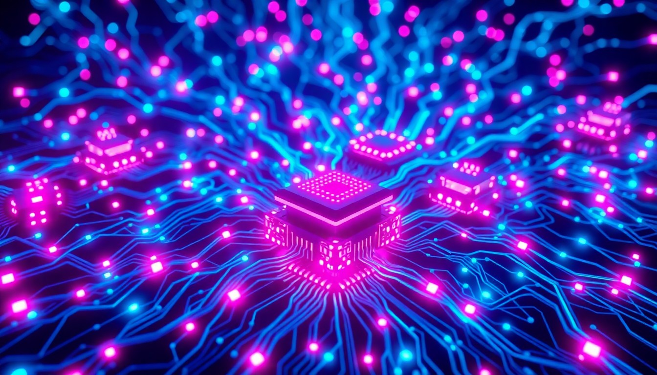 A highly detailed, luminous 3D illustration of a complex AI infrastructure, with pulsing neon lights illuminating the intricate web of interconnected circuits and processors, conveying both the power and potential dangers of advanced artificial intelligence technology.