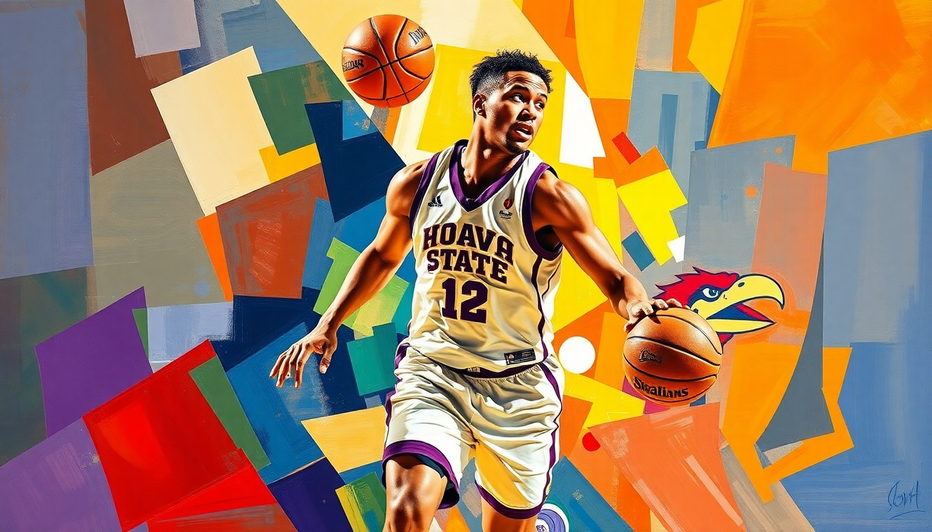 A fragmented, geometric painting depicting the fluid motion of a college basketball player, with sharp planes of color representing the uniforms of the opposing teams.