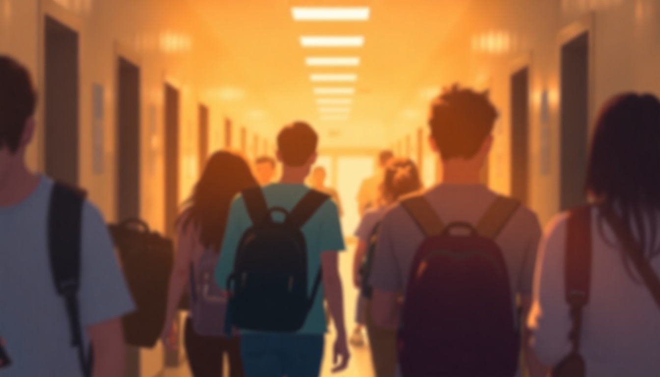 A softly focused, dreamlike scene of students walking through a high school hallway, with blurred shapes of smartphones and backpacks in the foreground, bathed in a warm, golden glow that creates a sense of nostalgia for in-person social interaction.