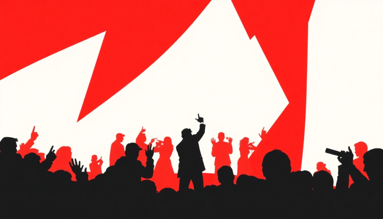 An abstract, minimalist composition of jagged, overlapping geometric shapes in bold red and white, conceptually representing the tensions and conflicts behind a major music charity event.