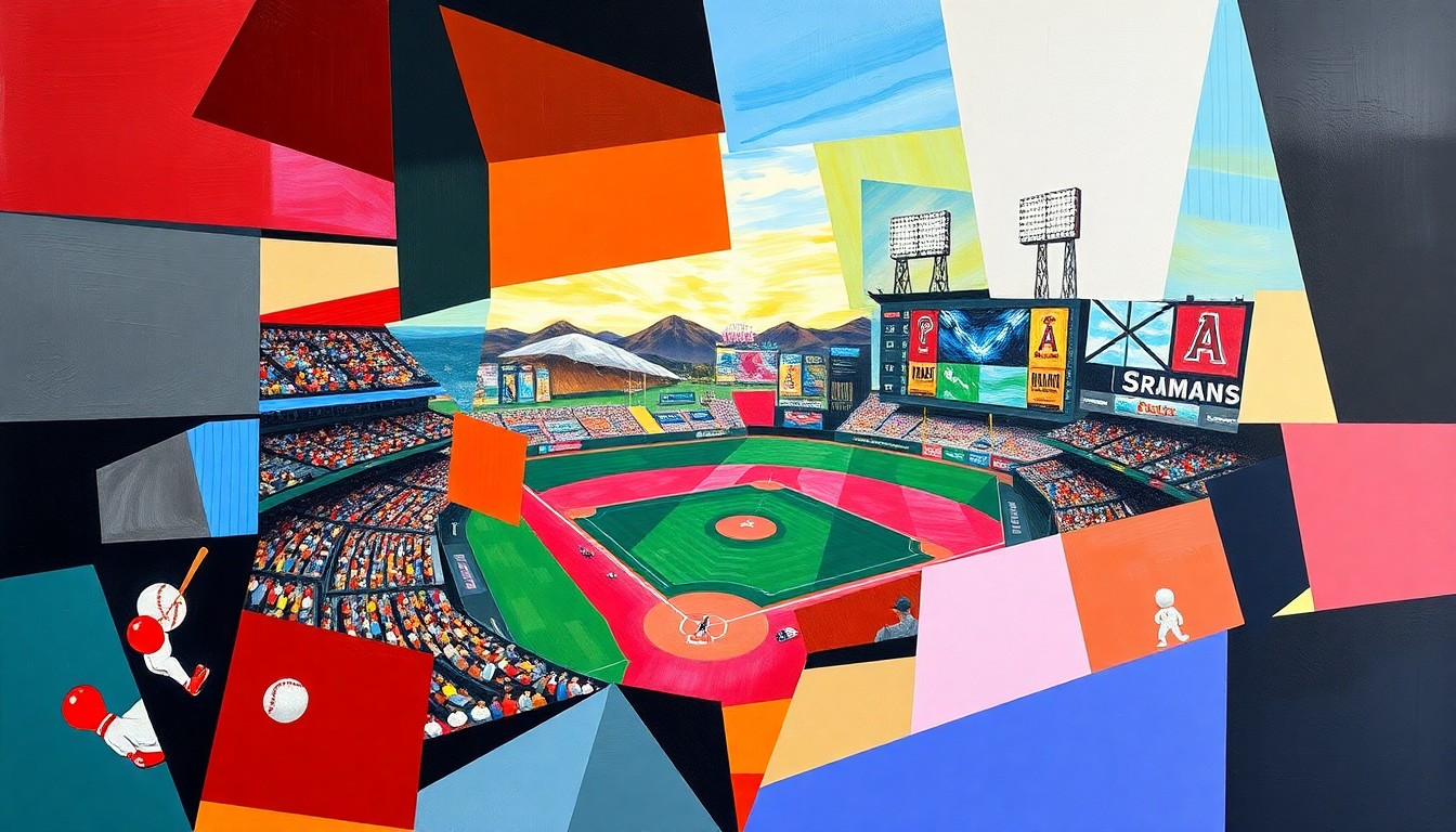 A cubist-style painting featuring sharp, overlapping geometric planes in bright colors representing baseball teams, capturing the dynamic energy and history of the sport in Arizona.