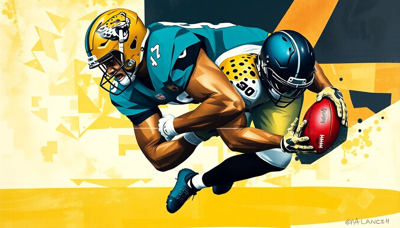 A fragmented, geometric painting depicting a defensive lineman in motion, with sharp planes of teal, gold, and black representing the Jacksonville Jaguars' colors and the dynamic nature of their defensive unit.
