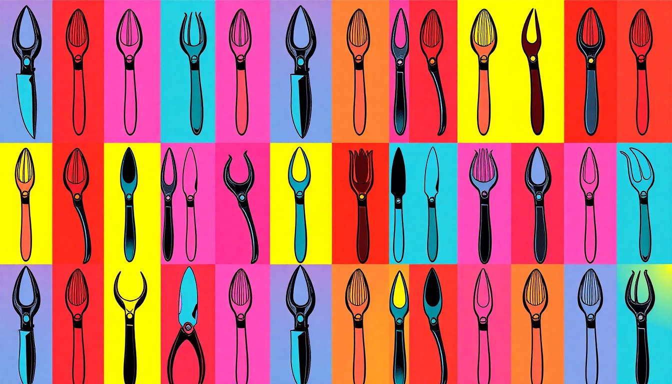 A high-contrast silkscreen print of a gardening trowel repeated in a grid pattern, rendered in vibrant neon colors with heavy black outlines, conceptually representing the transformation of ordinary tools into modern pop art.