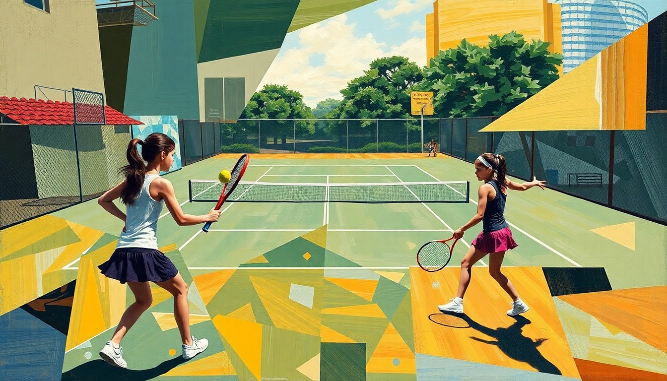 A fractured, multi-perspective painting featuring sharp, overlapping geometric shapes and planes that abstractly represent the dynamic movements and action of a high school girls' tennis match.