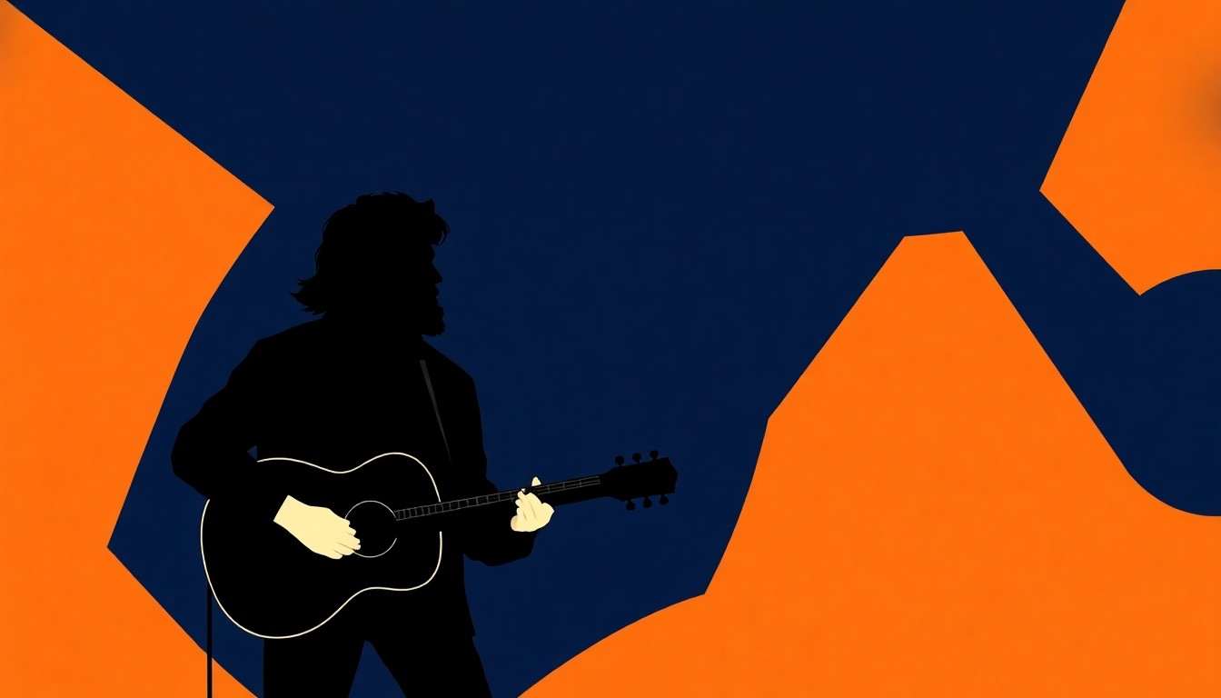 A striking abstract composition featuring jagged, overlapping shapes in deep indigo and warm ochre, conceptually representing the emotional and artistic journey of a singer-songwriter.