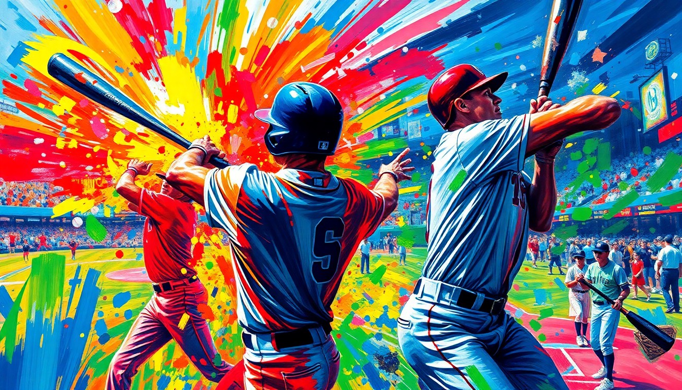 An abstract, expressionist painting in vibrant neon colors depicting the explosive energy and raw power of a college baseball game, with home run swings and players' faces blending into unrecognizable brushstrokes.