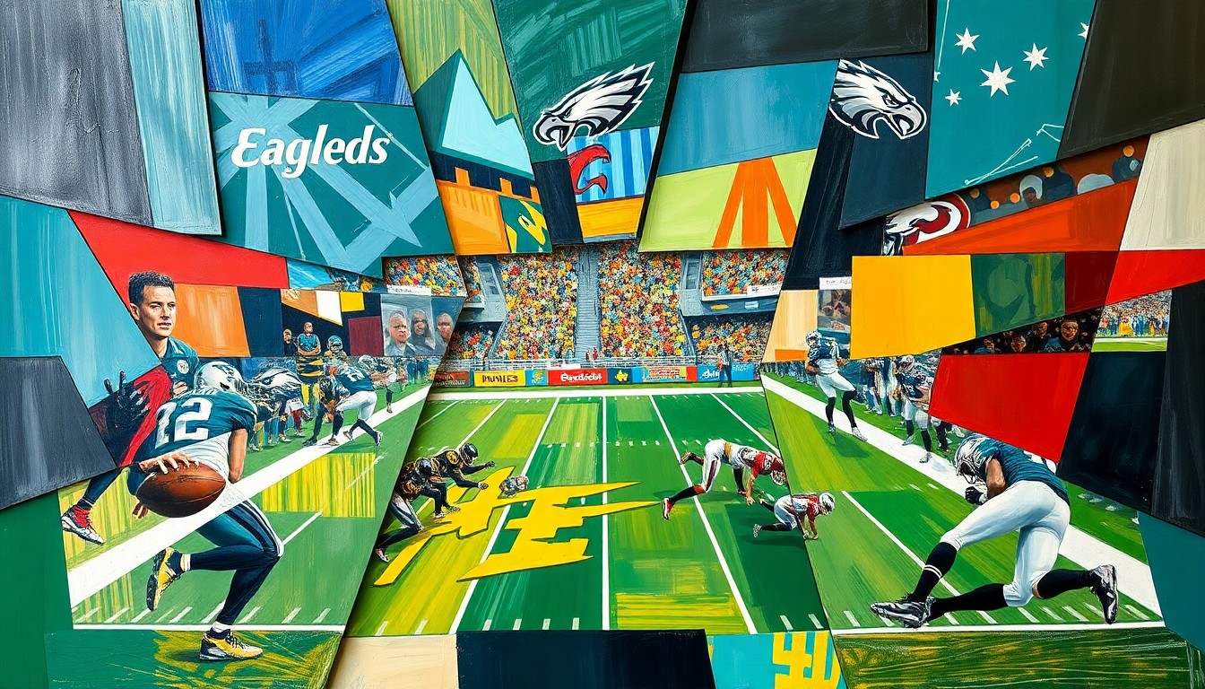 A cubist-style painting depicting a fragmented, geometric interpretation of a football game, with players and the field broken down into sharp, overlapping shapes and planes in a vibrant color palette.