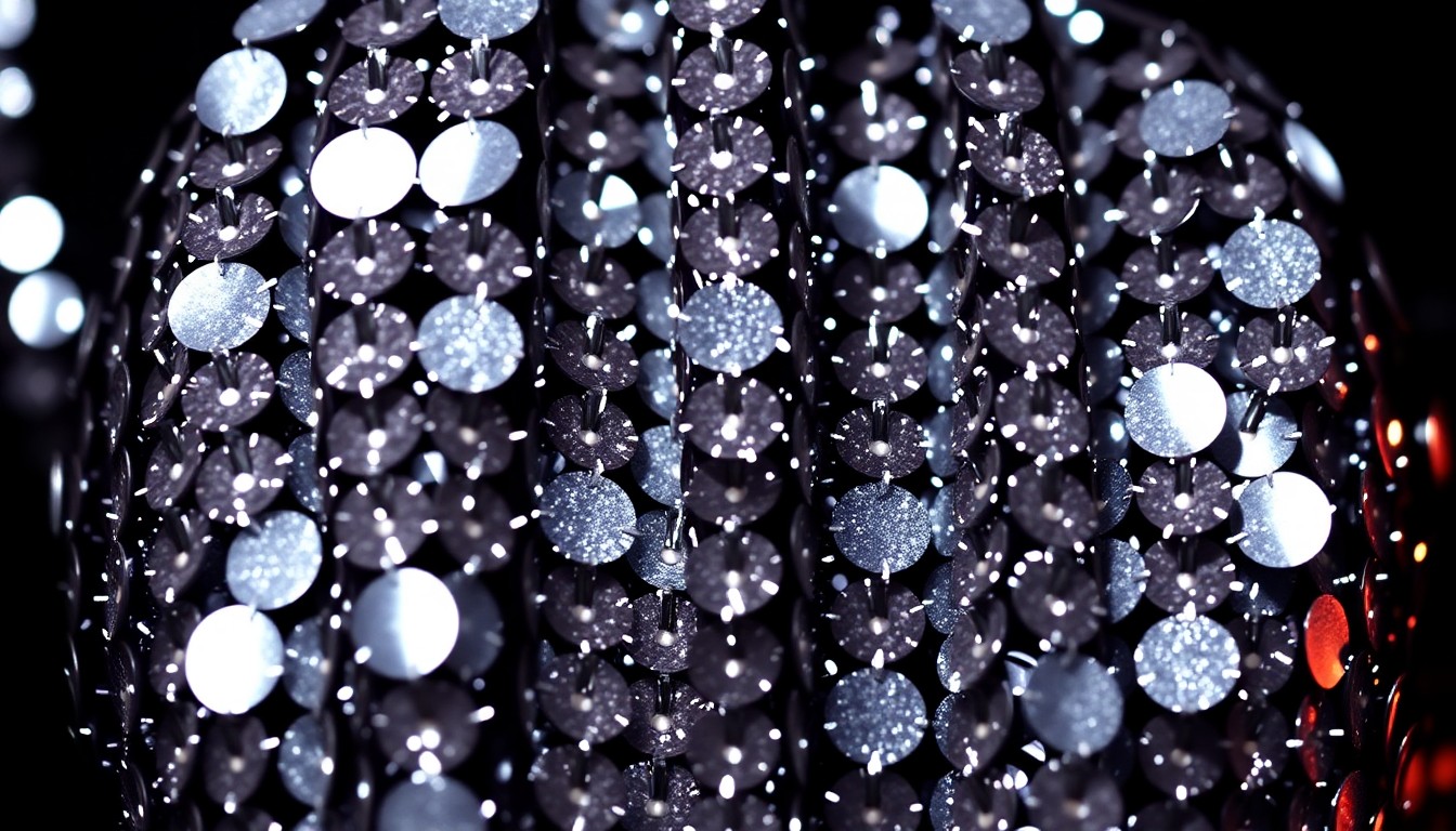 An extreme close-up photograph of shimmering, glittering sequins in high-contrast studio lighting, capturing the essence of Cher's legendary entertainment career and glamorous persona.