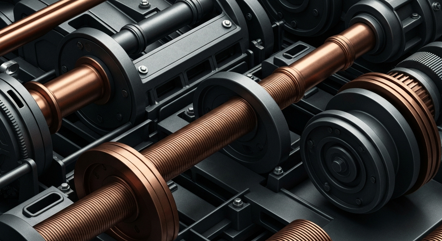 An extreme close-up of intricate, industrial-looking banking machinery and equipment, conveying the idea of Miami as a powerful financial center without using any literal financial symbols or imagery.