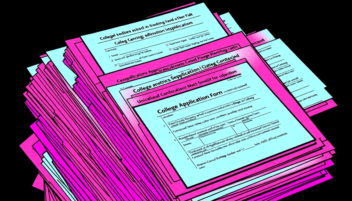 A brightly colored, high-contrast silkscreen print of a stack of college application forms in a tight grid pattern, with the forms overlapping in a vibrant neon color palette and heavy black photographic outlines, conceptually representing the complex and often opaque college admissions process.