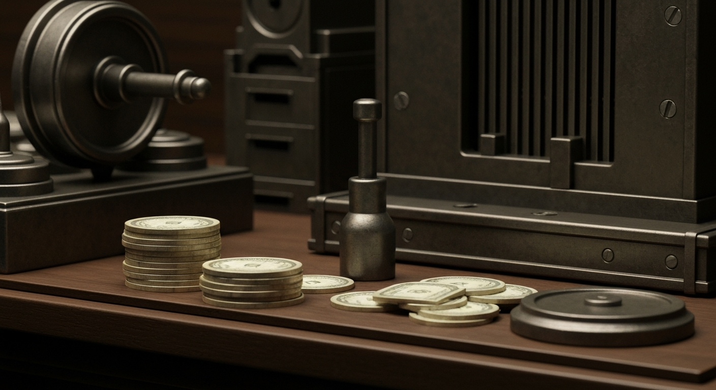 An extreme close-up of gears, levers, and other heavy industrial banking machinery, conceptually representing the growing ties between crypto institutions and the maturation of Bitcoin-based financial strategies.