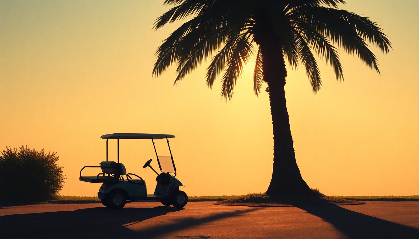 A serene, cinematic painting of a solitary golf cart parked under the shade of a palm tree, the scene bathed in warm, diagonal sunlight and deep shadows, conceptually illustrating the financial burden of the former president's golfing trips on taxpayers.