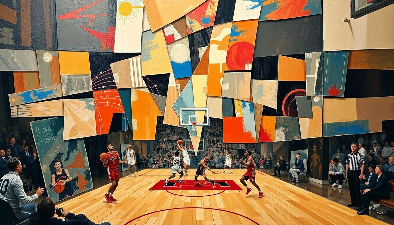 A cubist, geometric painting depicting a basketball game or match, with the players and court broken down into sharp, overlapping planes of color and shape, capturing the dynamic energy and multiple perspectives of the sport.