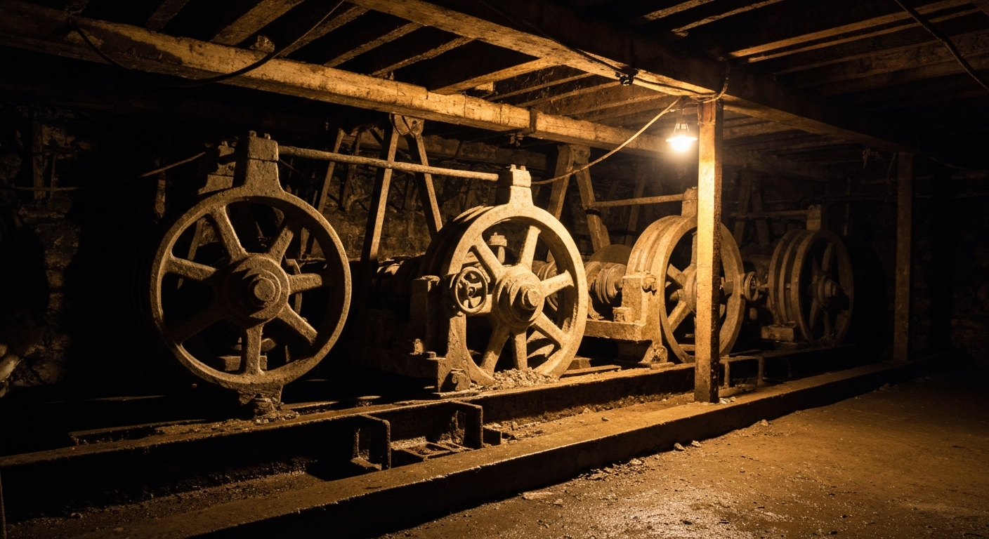 An extreme close-up of complex, industrial silver mining machinery and equipment, dramatically lit to create a sense of power and scale, conceptually representing the report's analysis of the precious metals market cycle.