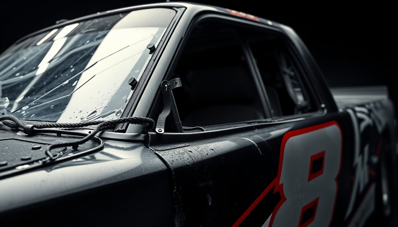 An extreme close-up photograph of the crumpled, twisted metal and shattered glass of a NASCAR truck, captured in a high-contrast, industrial-chic aesthetic to conceptually represent the risks and challenges of Frankie Muniz's dual career as an actor and racecar driver.