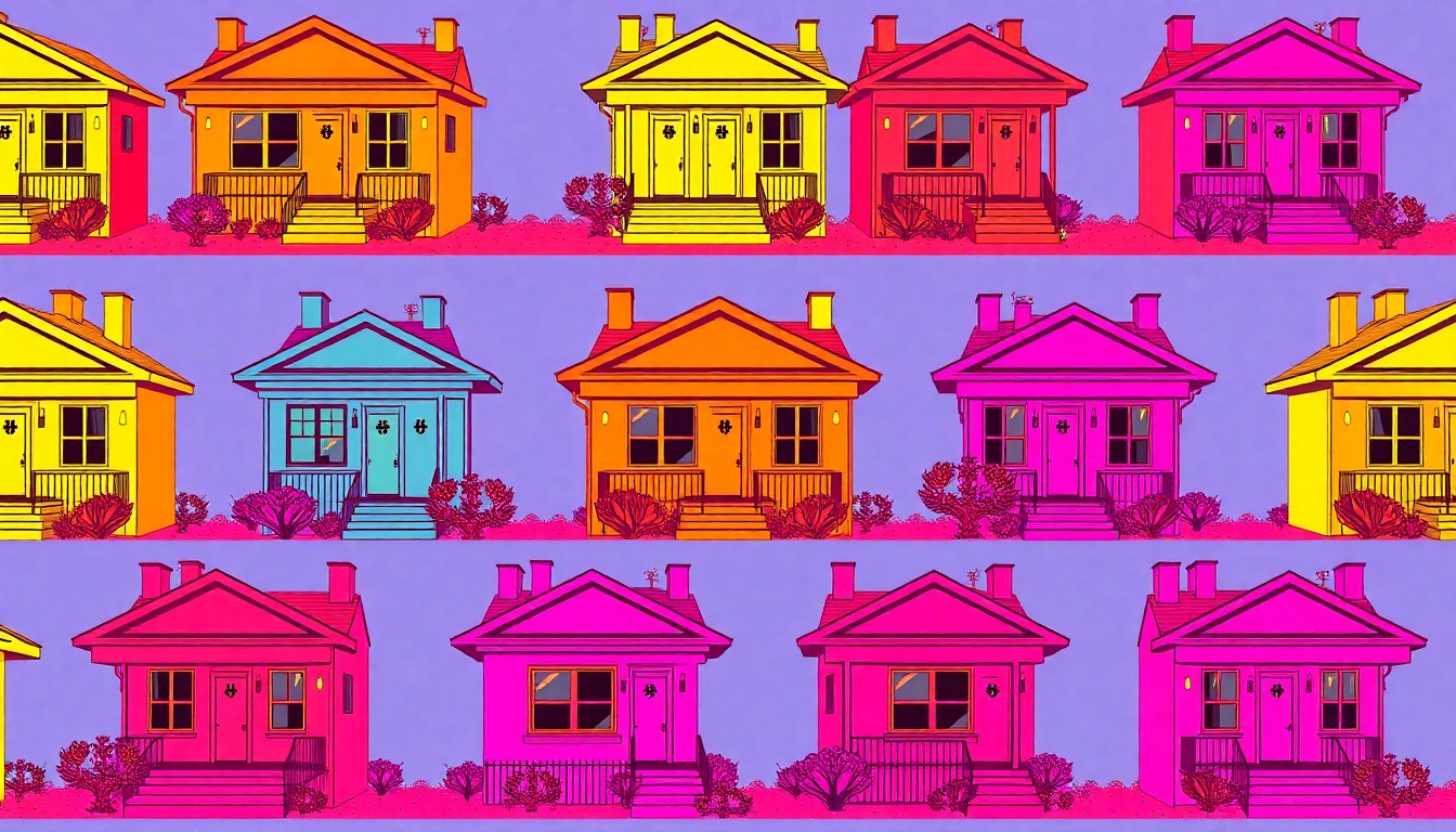 A bold, silkscreen-style illustration featuring a single, iconic Phoenix home exterior repeated in a grid pattern, with a bright, neon color palette and heavy black outlines that transform the historic architecture into a modern, pop art-inspired visual.