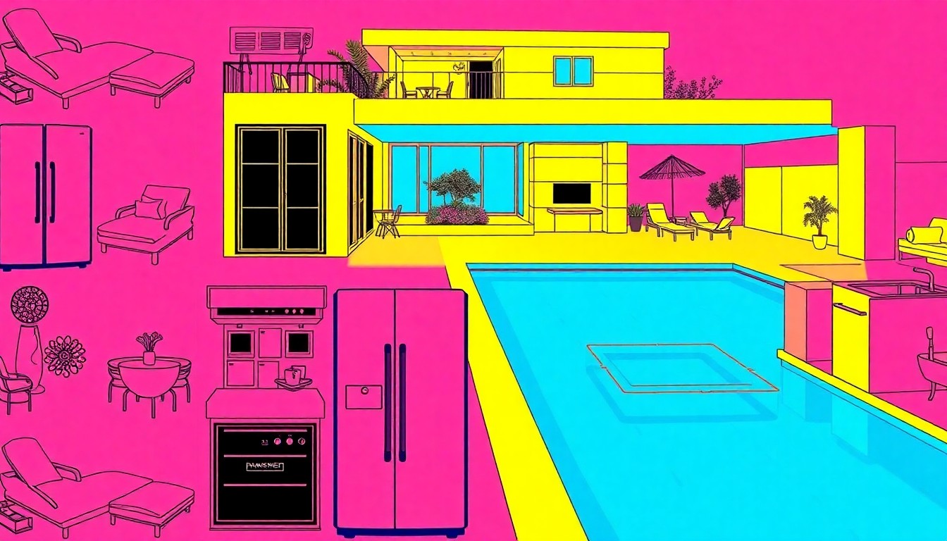 A brightly colored, high-contrast silkscreen print of a swimming pool with a vibrant blue water surface and a bold black outline, repeated in a tight grid pattern to create a modern pop art representation of luxury real estate.