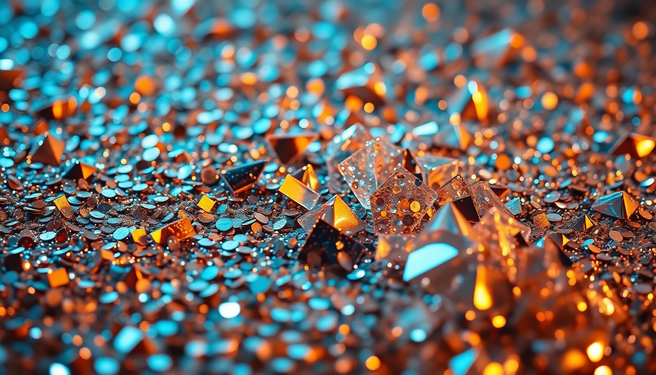 An abstract close-up photograph featuring a dramatic, high-contrast composition of shimmering sequins and shattered glass, capturing the glamour and energy of a live music performance.