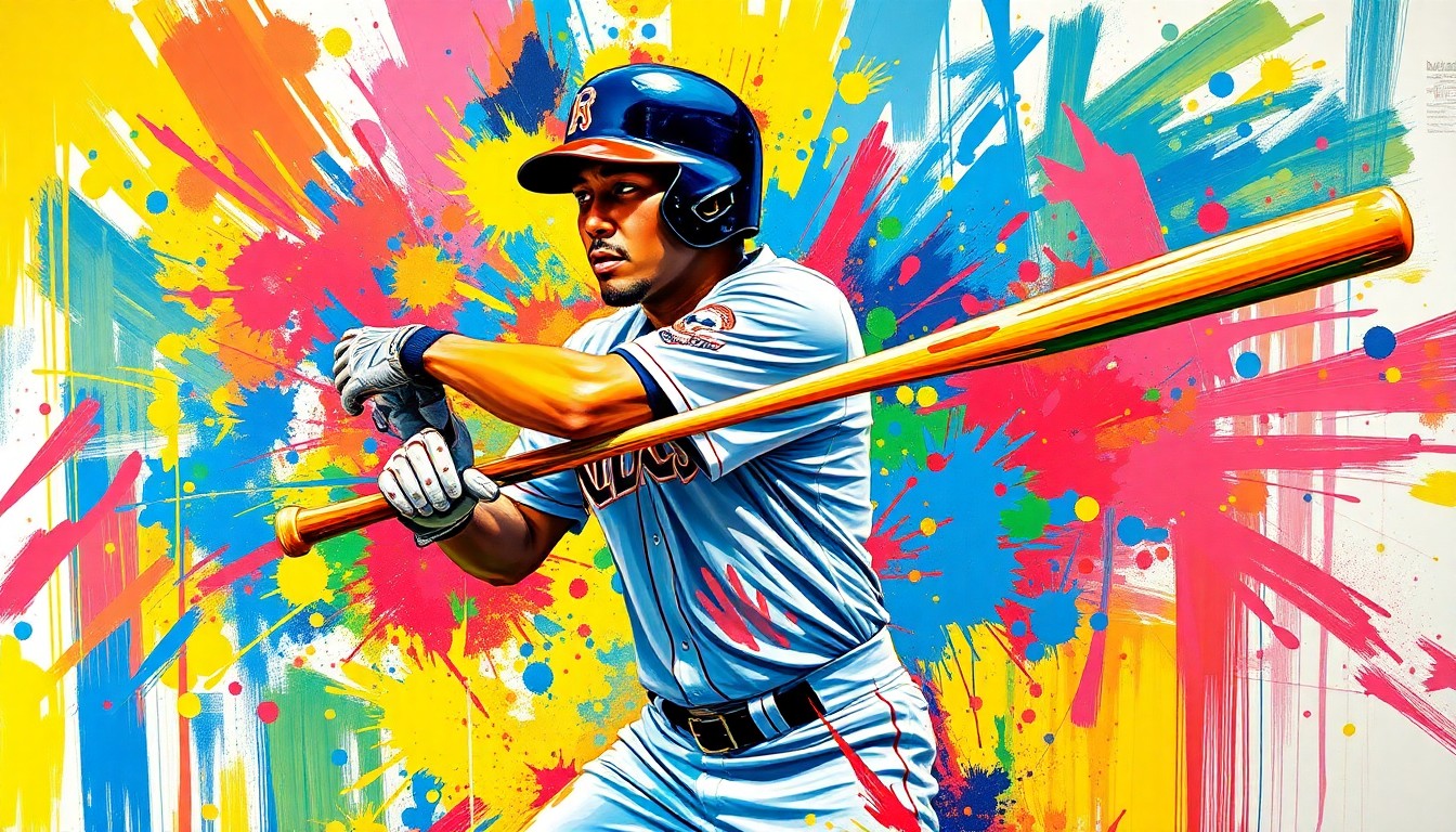 A vibrant, expressionist painting depicting Ichiro Suzuki's iconic batting stance, with the bat breaking apart into colorful, energetic brushstrokes, conveying the drama and excitement of the statue unveiling ceremony.