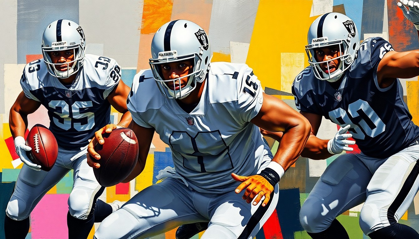 A fragmented, geometric painting depicting the movements and positioning of a cornerback in coverage, with sharp planes of silver, black, and other bold colors representing the Raiders' uniform palette.