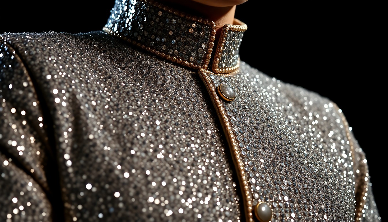 An extreme close-up photograph of a performer's glittering, sequined costume, capturing the luxurious texture and dramatic lighting in an abstract, high-fashion style.