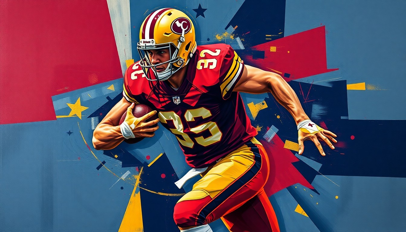 A fragmented, geometric painting depicting a football player in the act of rushing the passer, with sharp planes of burgundy, gold, and navy blue representing the Commanders' team colors.