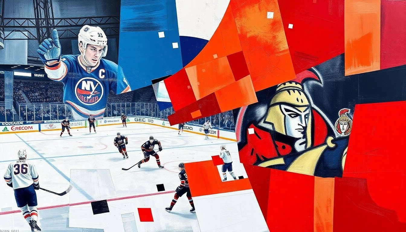 A cubist, geometric painting depicting a hockey game, with players and the puck broken down into sharp, overlapping shapes and planes of color, conveying the intensity and fragmentation of the Islanders' collapse.