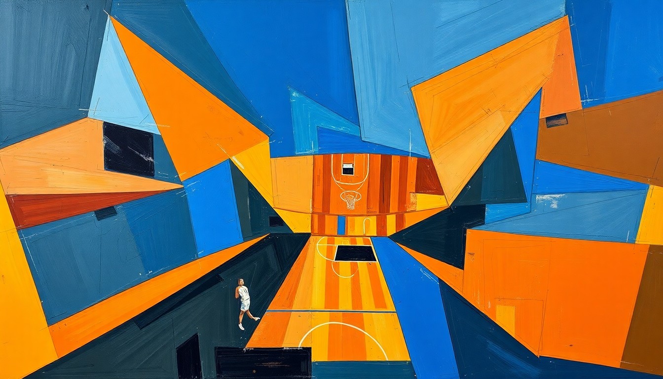 A cubist, geometric painting depicting a women's basketball game, with sharp, overlapping planes of color representing the strategic, disciplined play of the UCLA Bruins.
