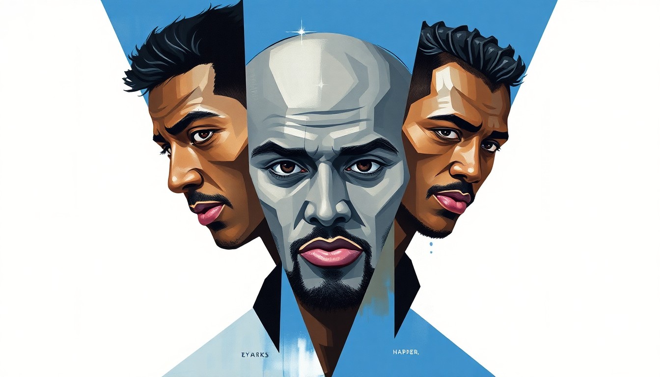 A cubist, geometric painting depicting the Spurs' backcourt trio in overlapping, fragmented planes, capturing the dynamic energy and talent of the group.