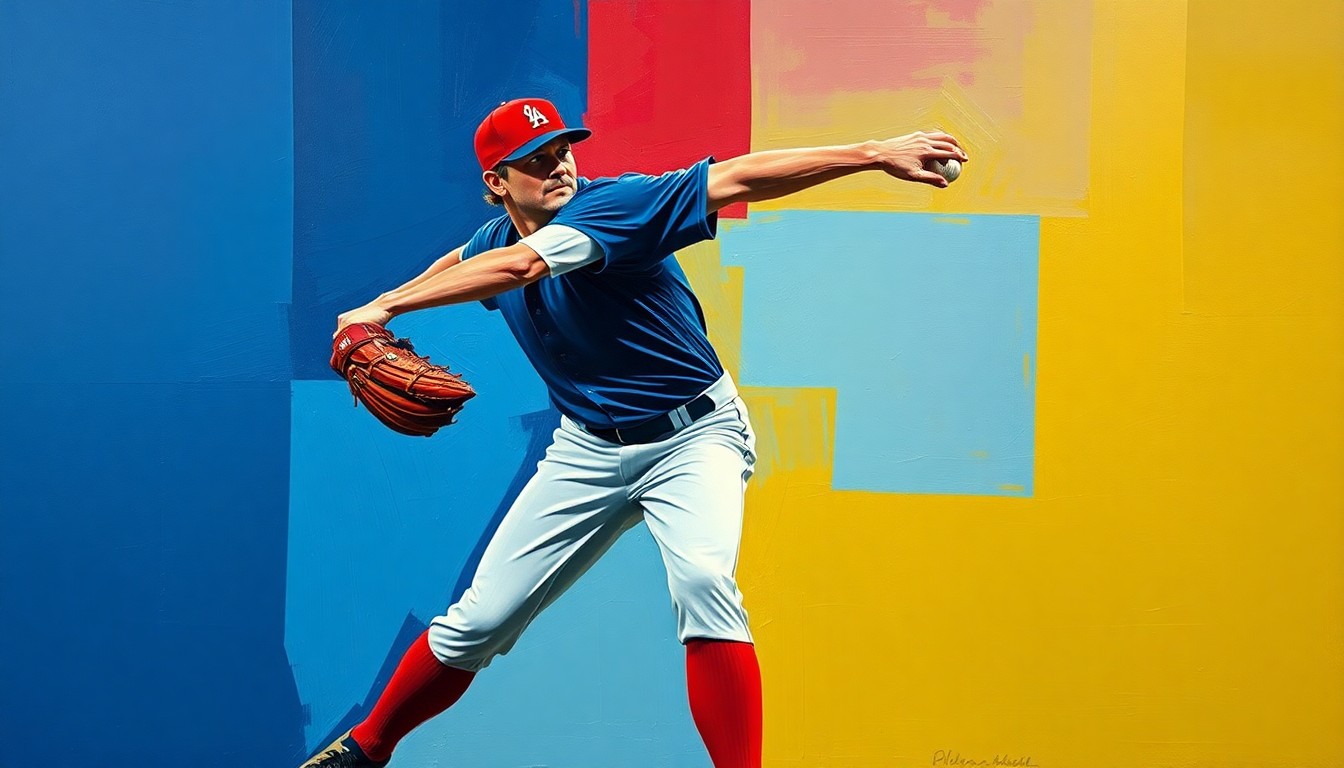 A cubist-style painting depicting a baseball pitcher's throwing motion broken down into fragmented, overlapping geometric shapes in a vibrant color palette, conceptually representing the Tigers' roster changes.