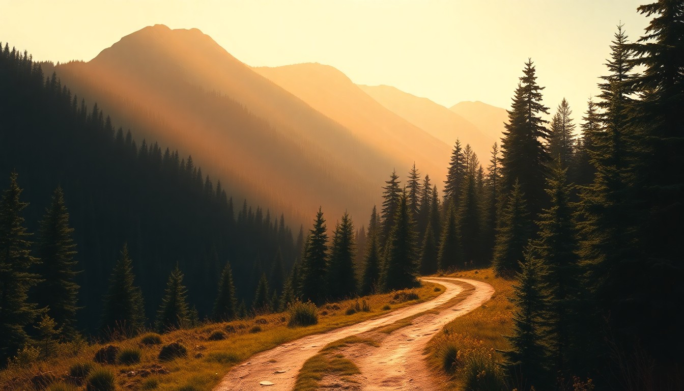 A tranquil oil painting depicting a winding mountain trail through a dense forest, with warm sunlight and deep shadows creating a sense of solitude and contemplation, conceptually representing the debate over the use of e-bikes in the area.