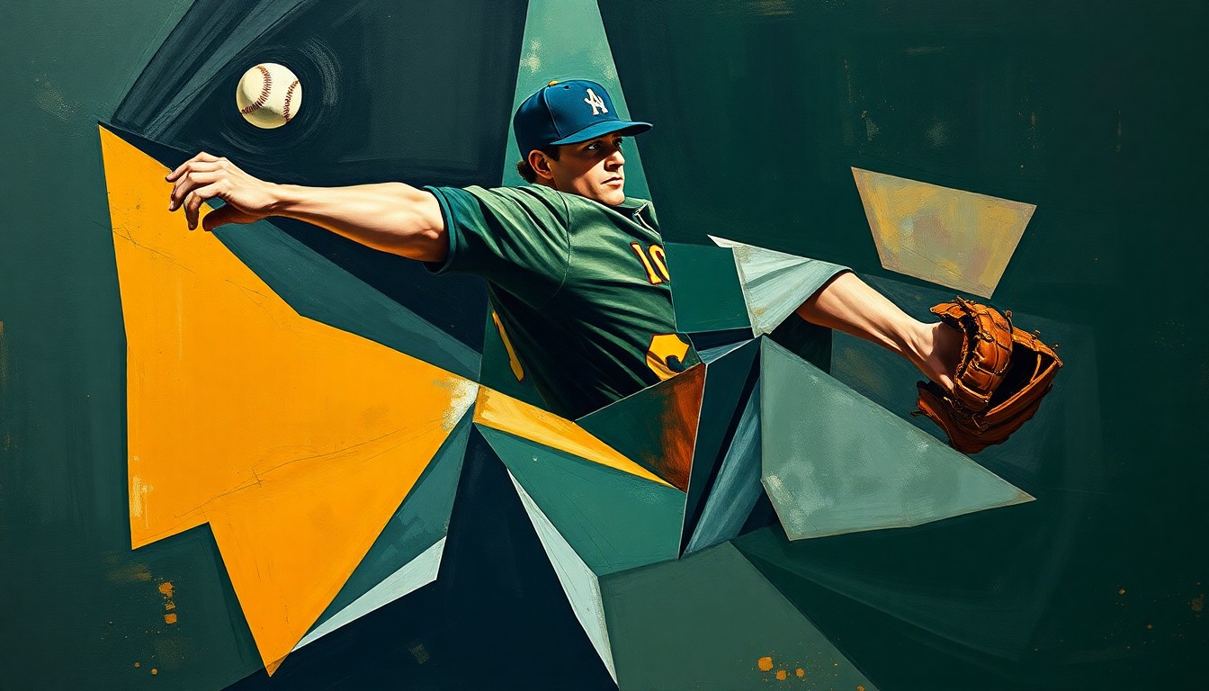 A cubist-style painting depicting a baseball pitcher's motion and the Guardians' logo broken down into sharp, overlapping geometric shapes in muted tones of navy, forest green, and ochre, conveying the fragmentation and loss of integrity in the sport.