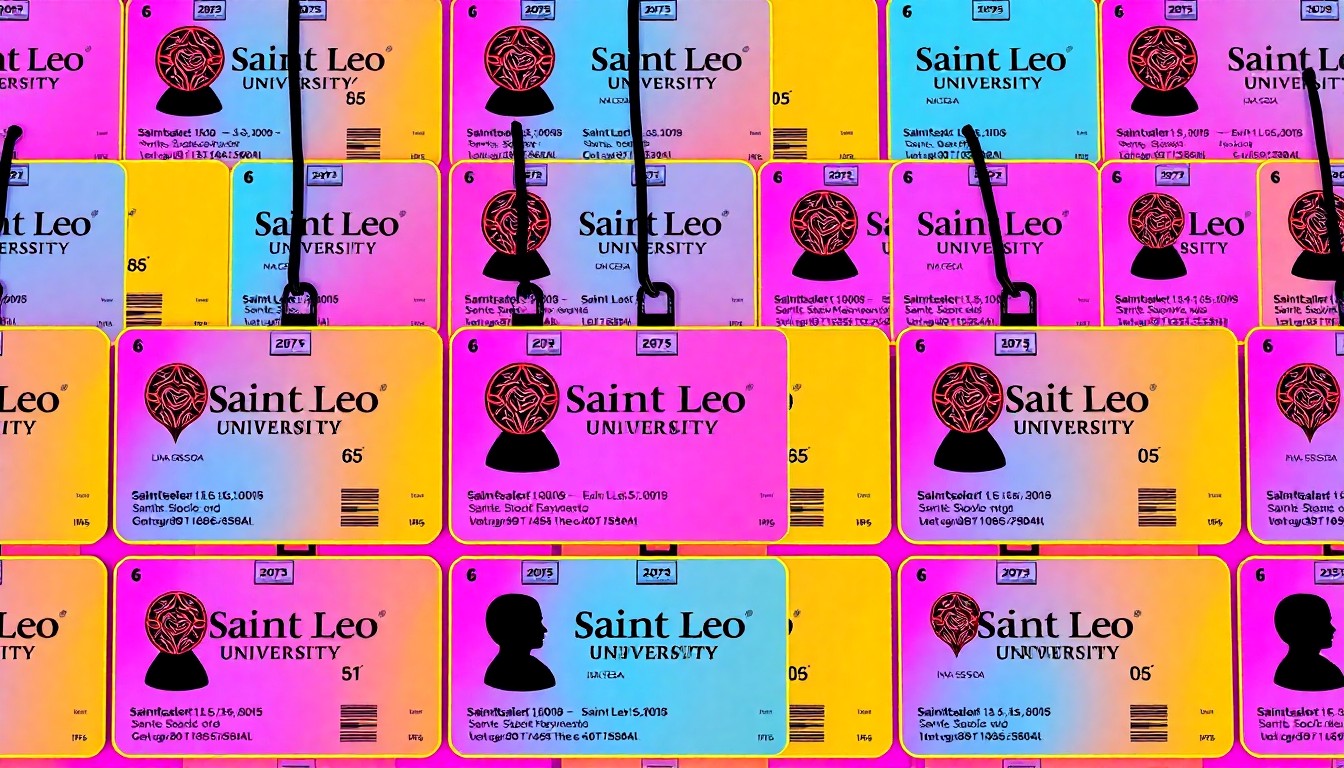 A brightly colored, high-contrast silkscreen print of a student ID card repeated in a tight grid pattern, representing the many ways Saint Leo students can use their ID to save money on everyday expenses.