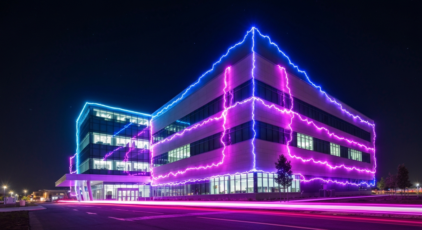 A minimalist, neon-outlined illustration of a hospital building, with glowing electric lines defining the structure against a dark background, conceptually representing the complex negotiations between healthcare providers and insurance companies.