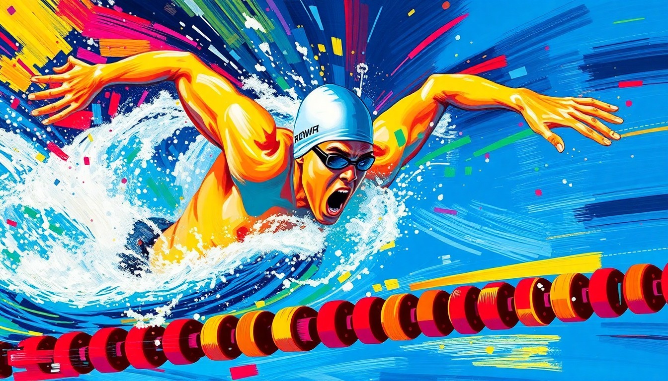 An abstract, expressionist painting in vibrant neon colors, capturing the explosive energy and fluid motion of a swimmer cutting through the water at high speed.