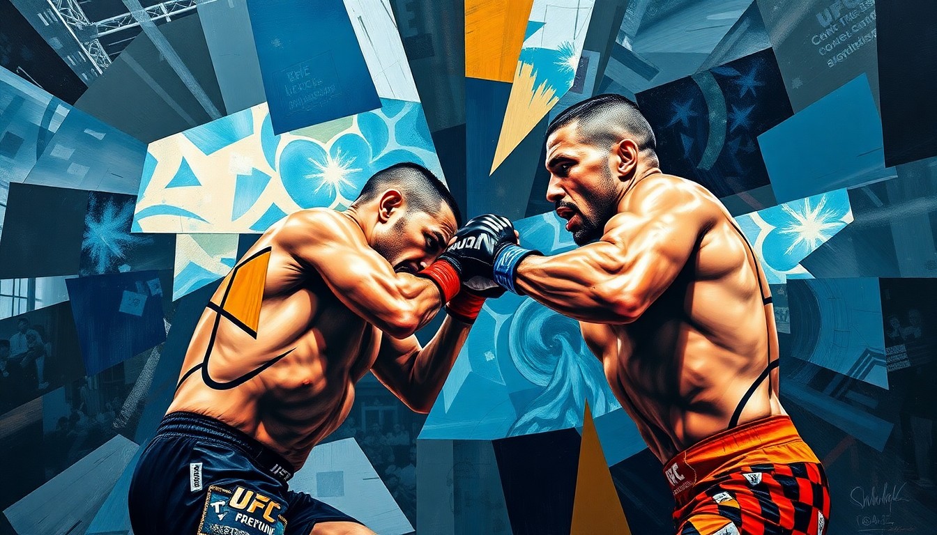 A fractured, geometric painting depicting the dynamic movements and clashing styles of two UFC fighters engaged in an intense match, the abstract composition reflecting the subjective nature of the judges' scoring.