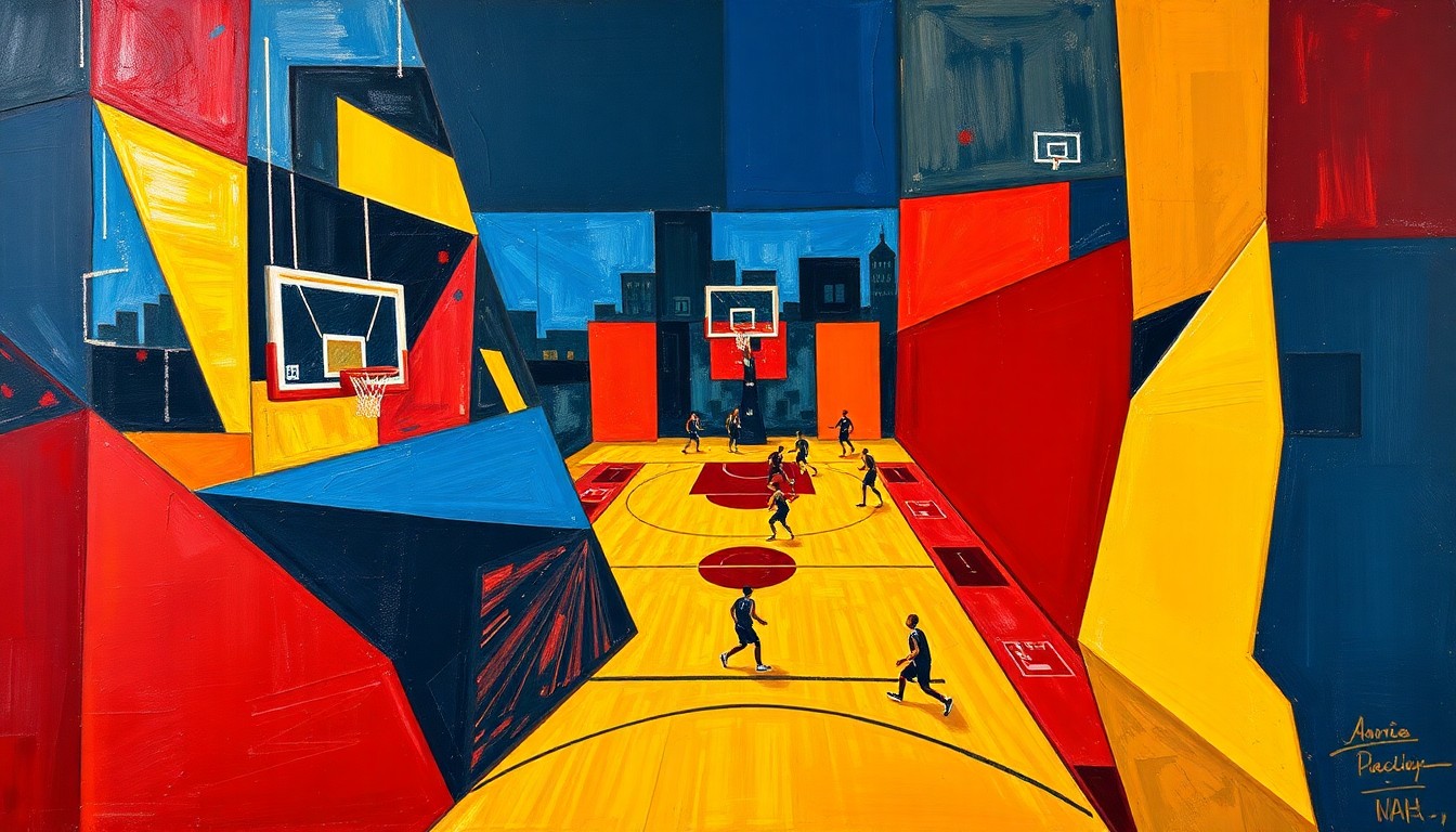 A cubist, geometric painting depicting a fragmented basketball court scene, with players and the ball broken down into sharp, overlapping shapes in a color palette of navy, red, and gold, conceptually representing the Wizards' struggles this season.