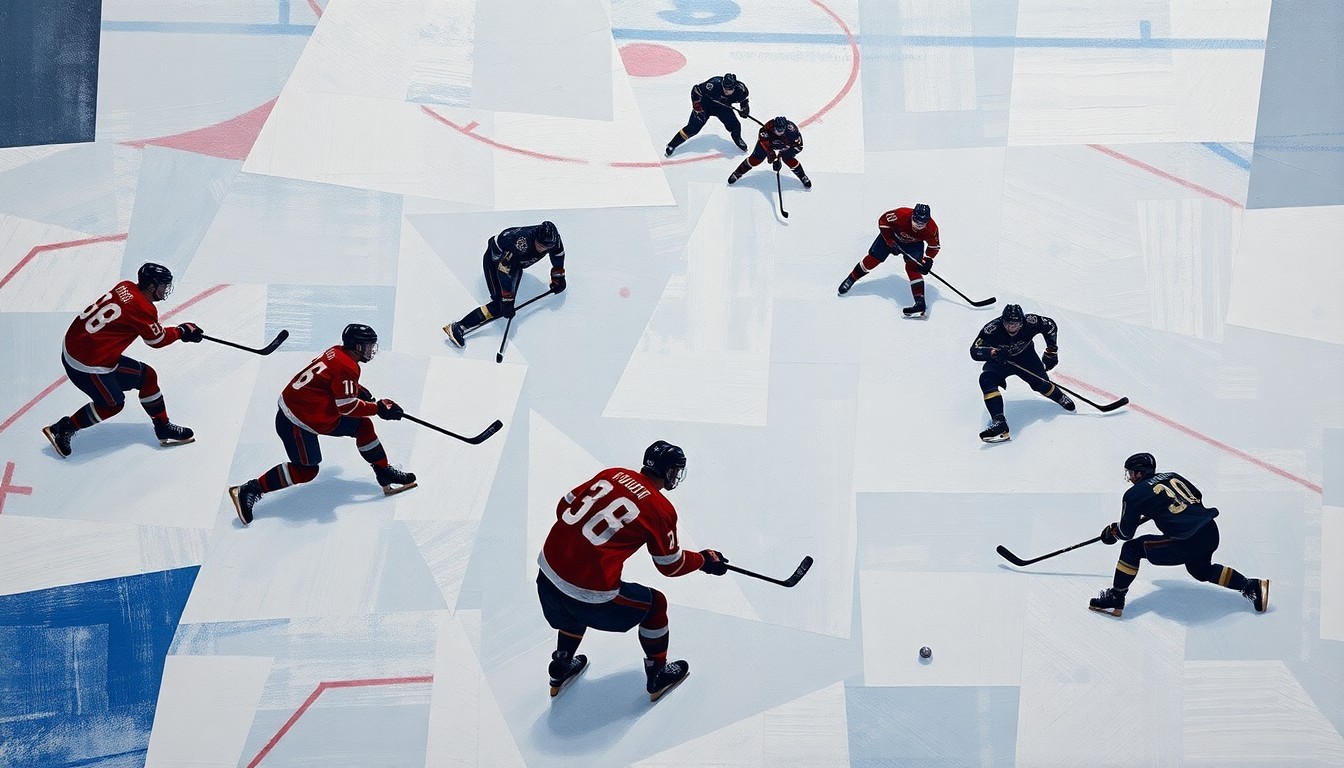 A cubist, geometric painting depicting the chaotic action of a hockey game, with overlapping planes of ice, sticks, pucks, and players' bodies in motion, conveying the energy and intensity of the championship matchup.