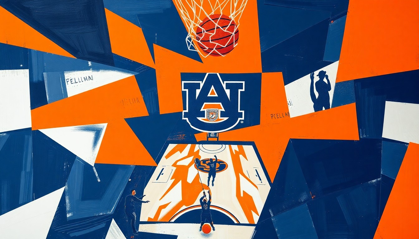 A cubist, geometric painting in navy blue, orange, and white, depicting fragmented and overlapping shapes that represent the dynamic movements and energy of a basketball game.
