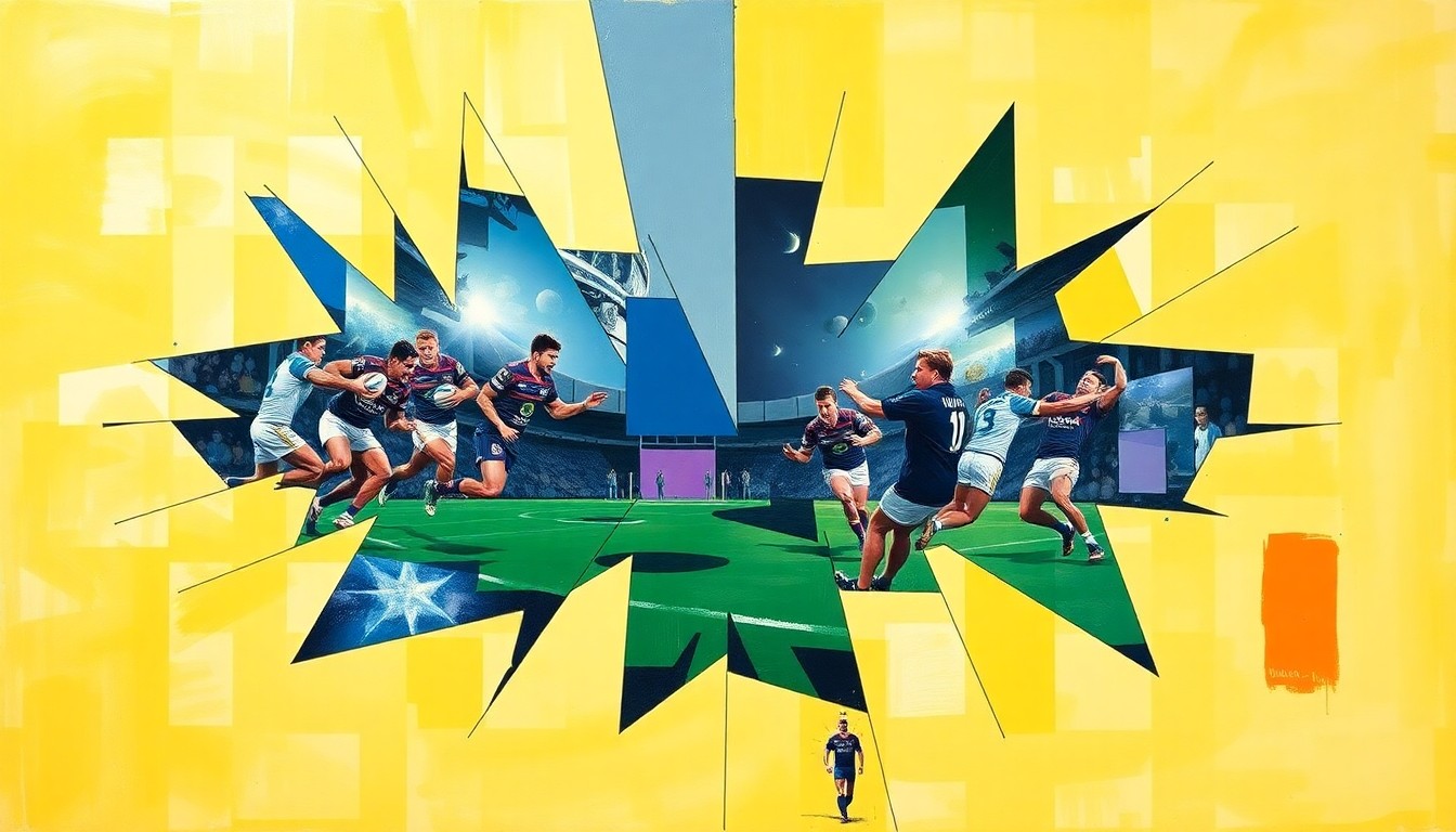 A cubist-style painting depicting a rugby league match, with the players and field broken down into sharp, overlapping geometric shapes and planes, conveying the chaotic and unpredictable nature of the Storm's recent losses.