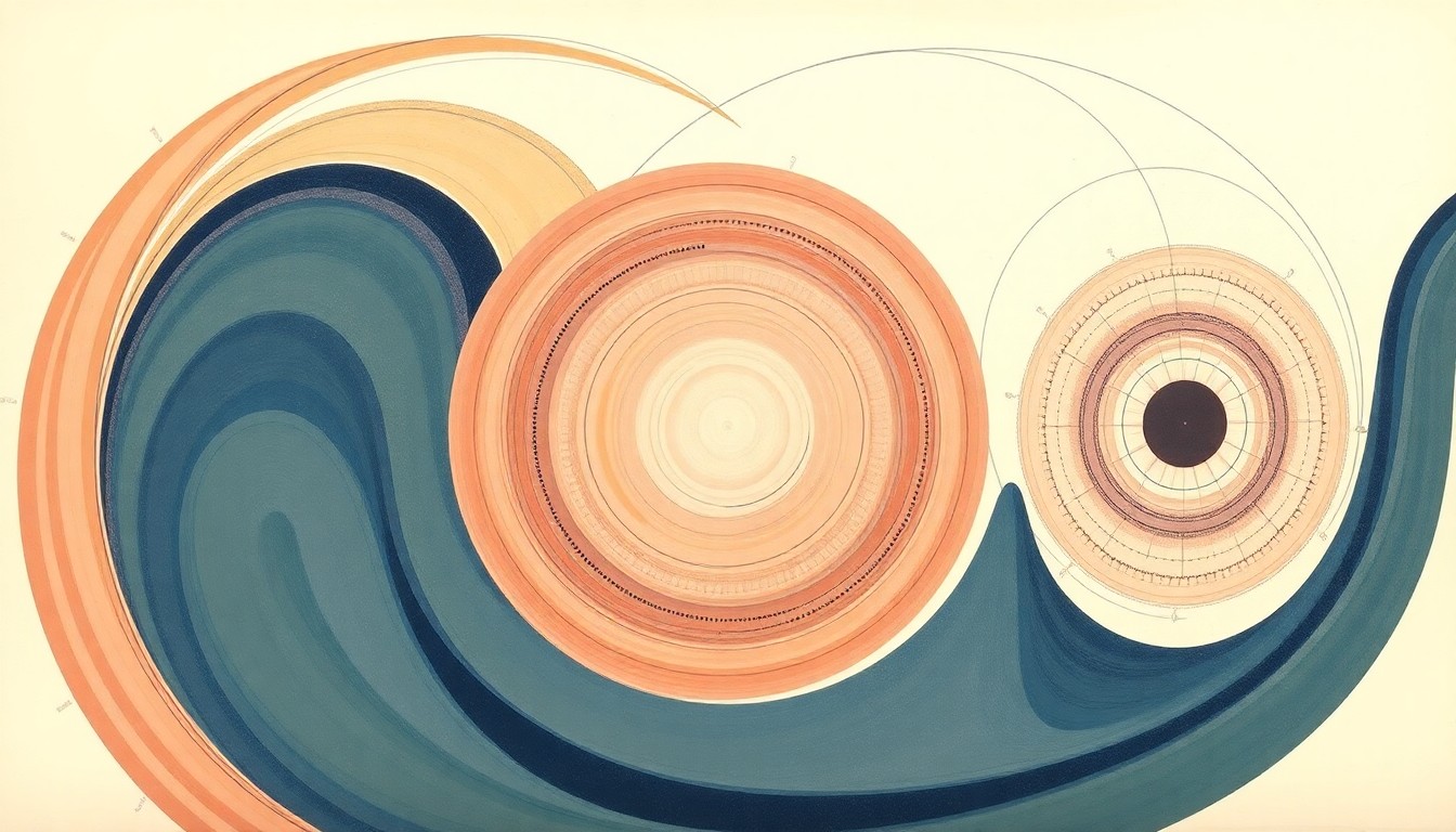 An abstract, highly structured painting in soft, flat colors featuring sweeping geometric arcs, concentric circles, and precise botanical spirals, visually representing the complex scientific forces and concepts underlying the gut-immune system axis and the role of butyrate in boosting mucosal vaccine effectiveness.