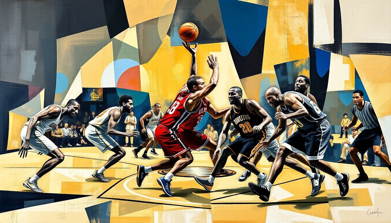 A fractured, multi-perspective painting featuring sharp, overlapping geometric shapes in vibrant colors, capturing the raw energy and movement of a basketball game.