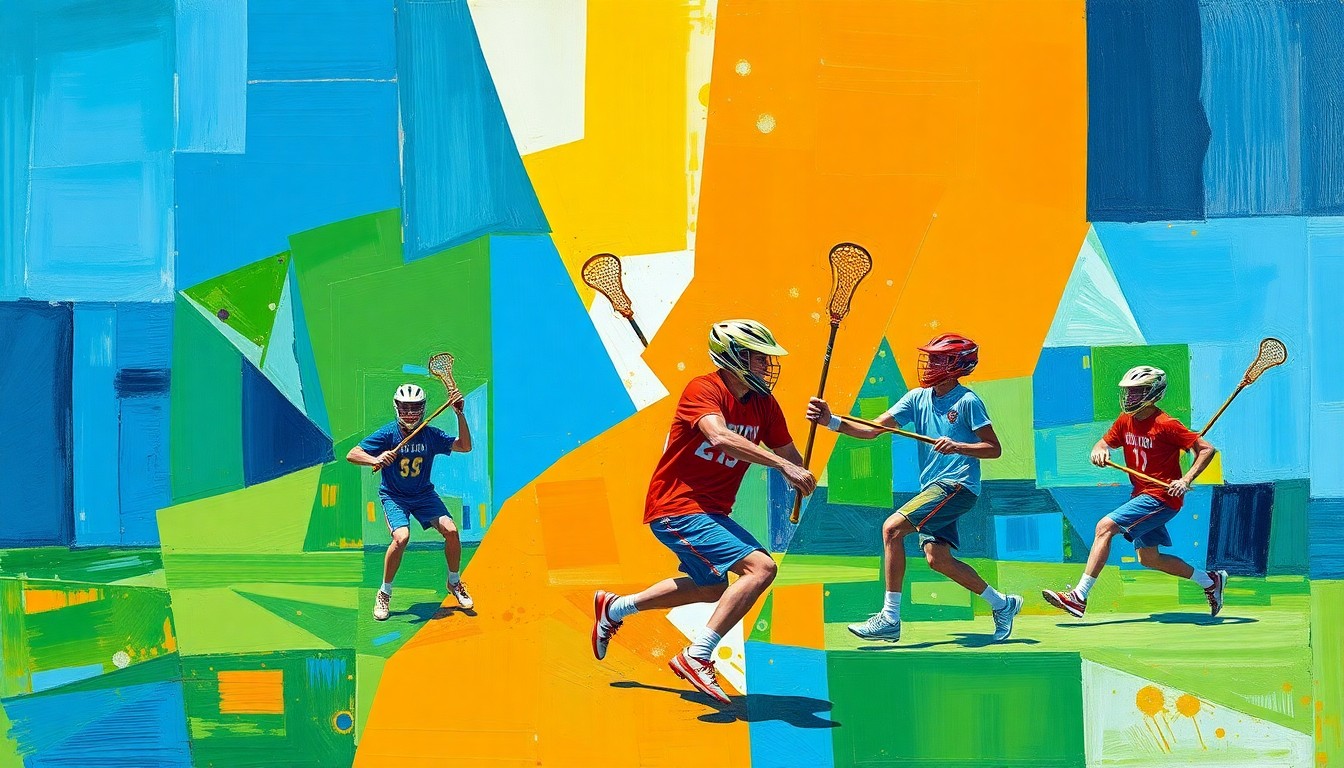 A fragmented, geometric painting depicting the dynamic movements and competing perspectives of a boys' lacrosse game, with sharp planes of vibrant blue, green, and orange hues.