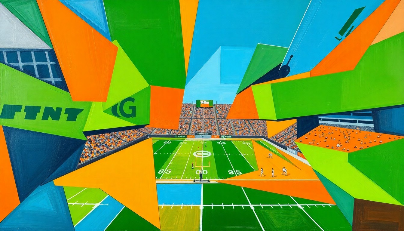 A cubist, geometric painting depicting a college football game, with overlapping planes of green, orange, and blue representing the field, players, and action.