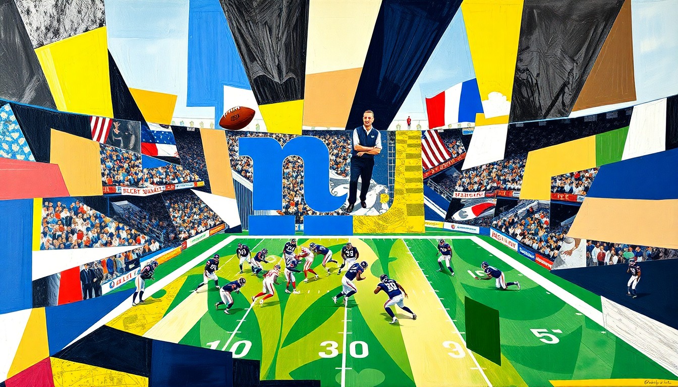 A cubist, geometric painting depicting a fragmented, multi-angled view of a New York Giants football game, with sharp planes of color and form representing the team's strategic roster management.